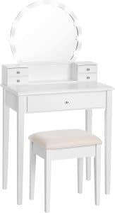 VASAGLE Vanity Set Dressing Table with Mirror, 10 Light Bulbs, Stool 5 Drawers, 27.6 x 15.7 x 52.8 inches, White